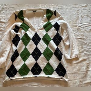 Women’s JCrew Argyle Vneckoff white green, blue sweater